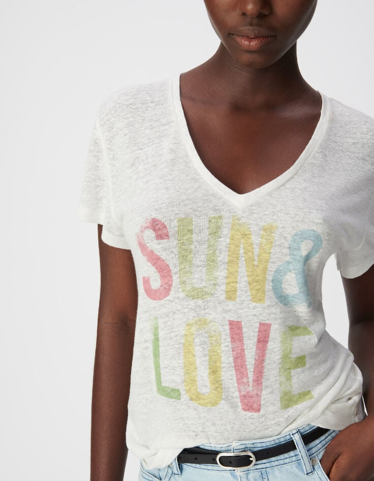 Dames-T-shirt met witte V-hals en gekleurde boodschap-4