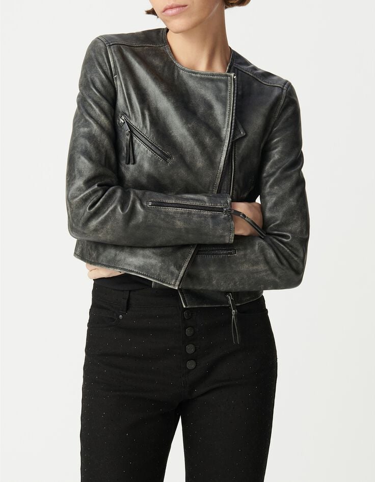 Schwarze Bikerjacke aus gewaschenem Leder mit Rei&szlig;verschlusstaschen Damen-2