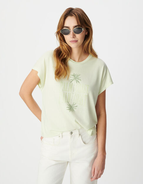 Women's green visual tee with palm trees and glitter message - IKKS