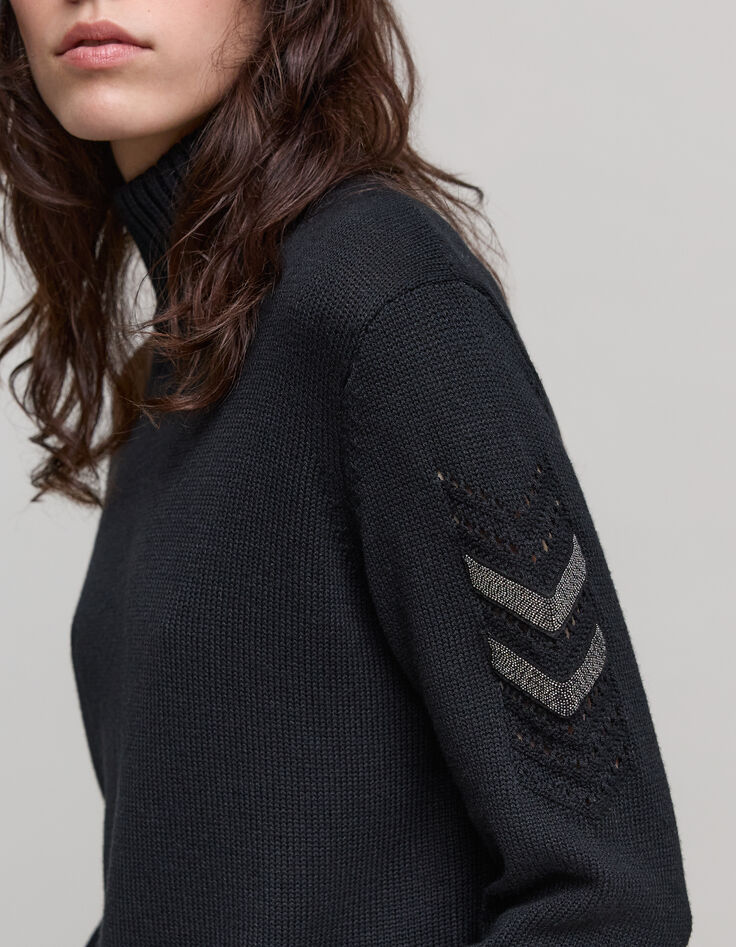 Black beaded shoulder funnel neck knitted dress-6