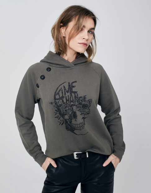 Women’s khaki hoodie with skull and buttons on shoulders