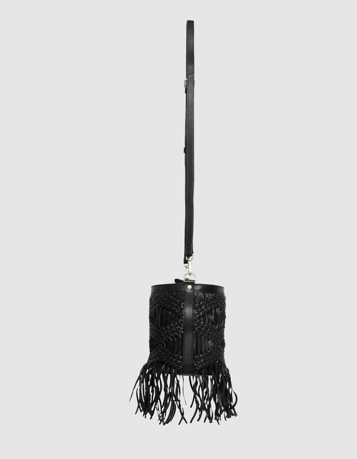 Schwarze Beuteltasche, Leder, Macramé, Fransen -4