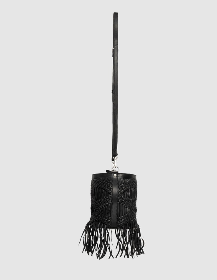 Black leather macramé-style fringed bucket bag-4 Black leather macramé-style fringed bucket bag-4