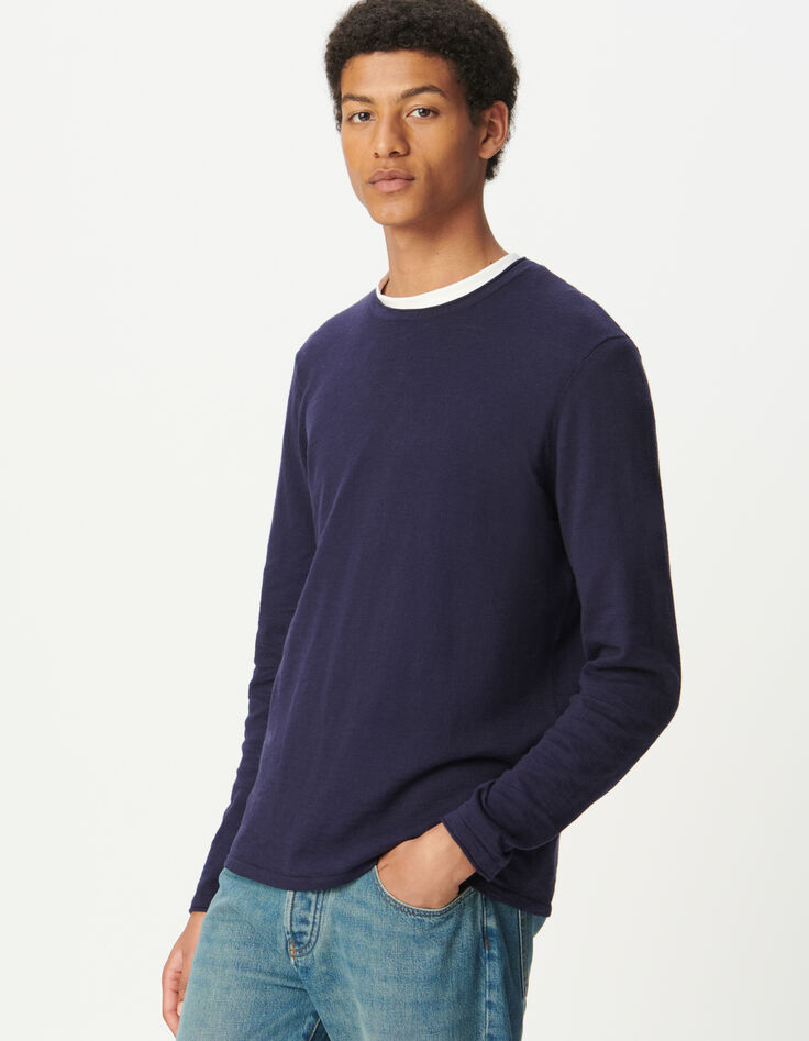 Blauer Herrenpulli Biobaumwolle Feinstrick geflammt-2