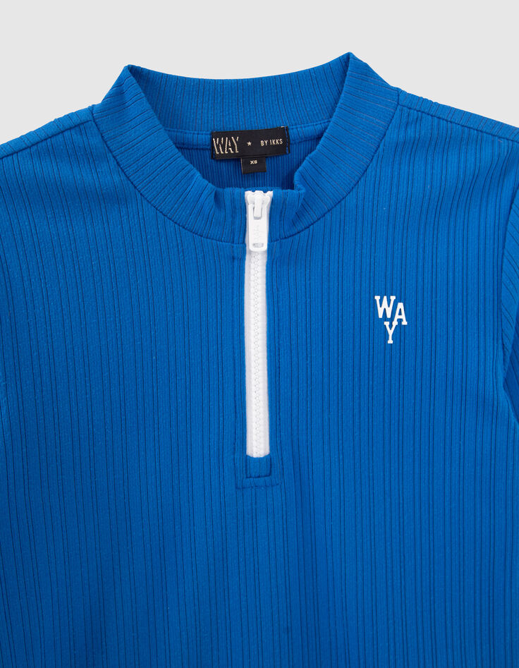 Blaues Mädchenshirt aus Rippstrick mit Reißverschluss-2