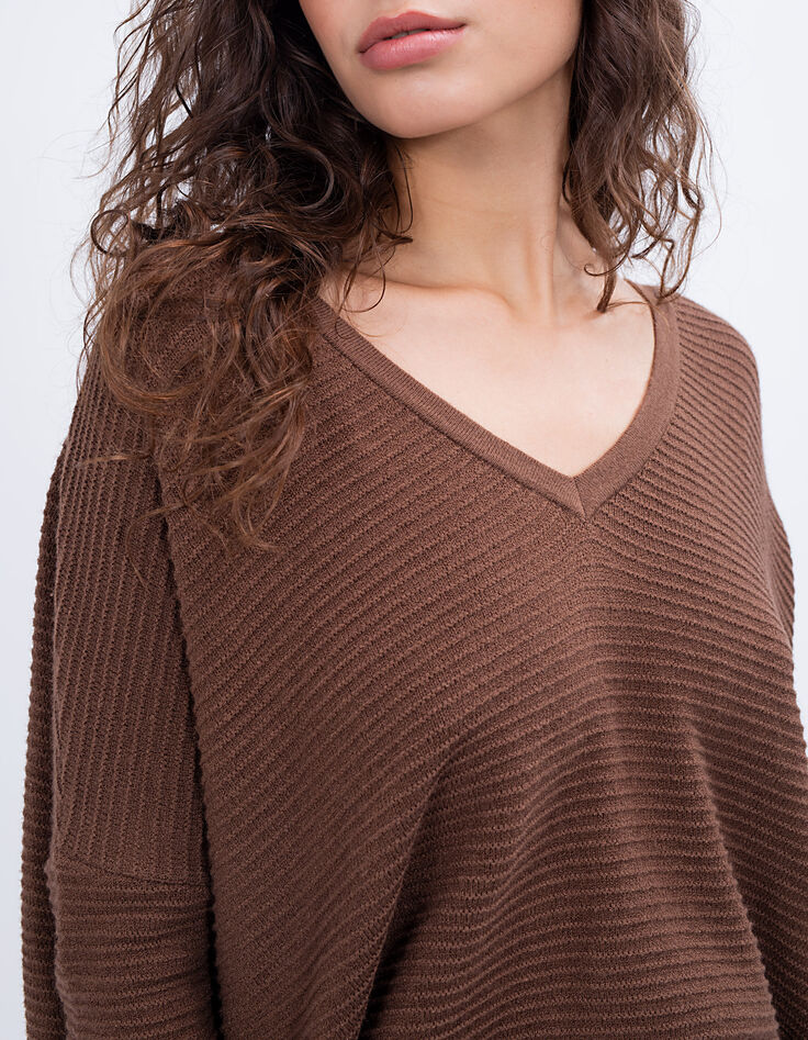 Cognacfarbener Rippenstrick-Pullover I.Code mit Schleife im Rücken-3