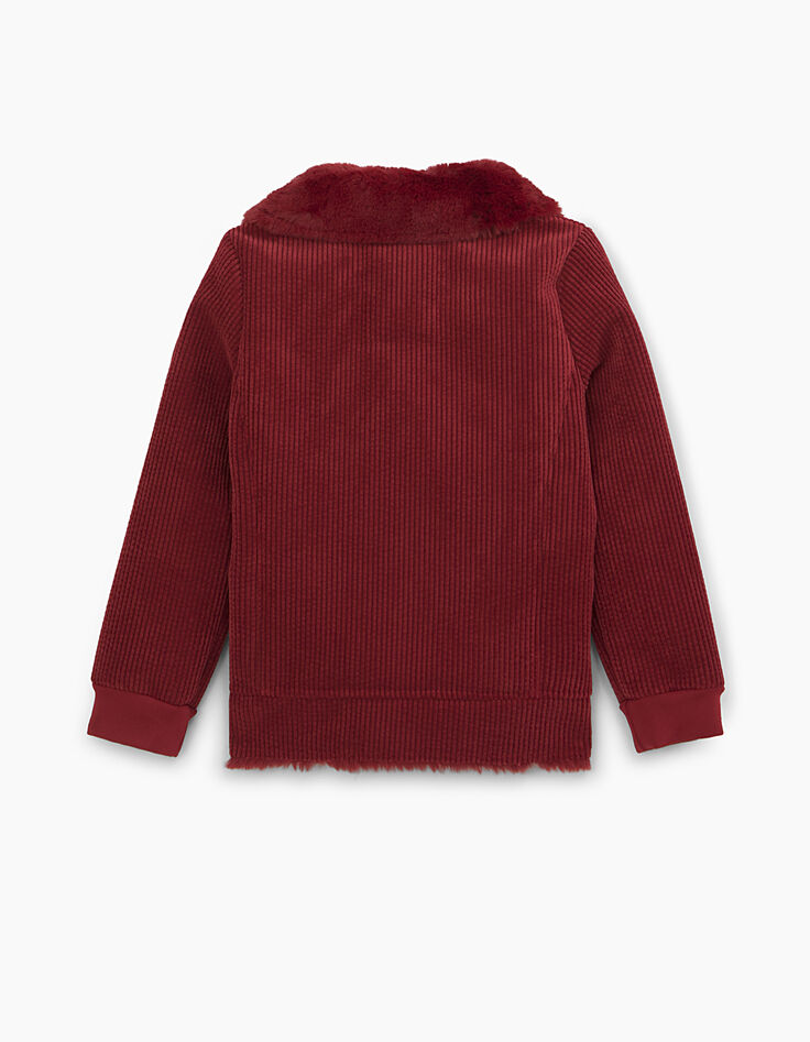 Abrigo rojo oscuro de pana con cuello con piel niña -4