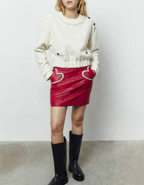 Women’s red leather skirt with white hearts on pockets - IKKS