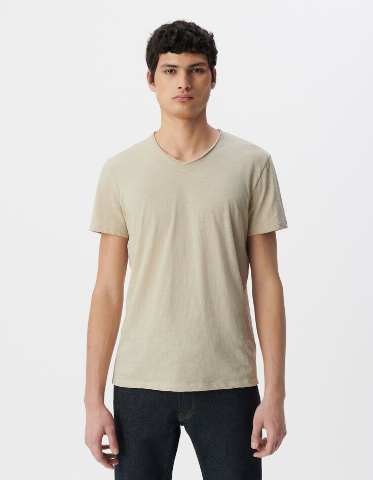 Men’s beige organic cotton Essential V-neck T-shirt-2