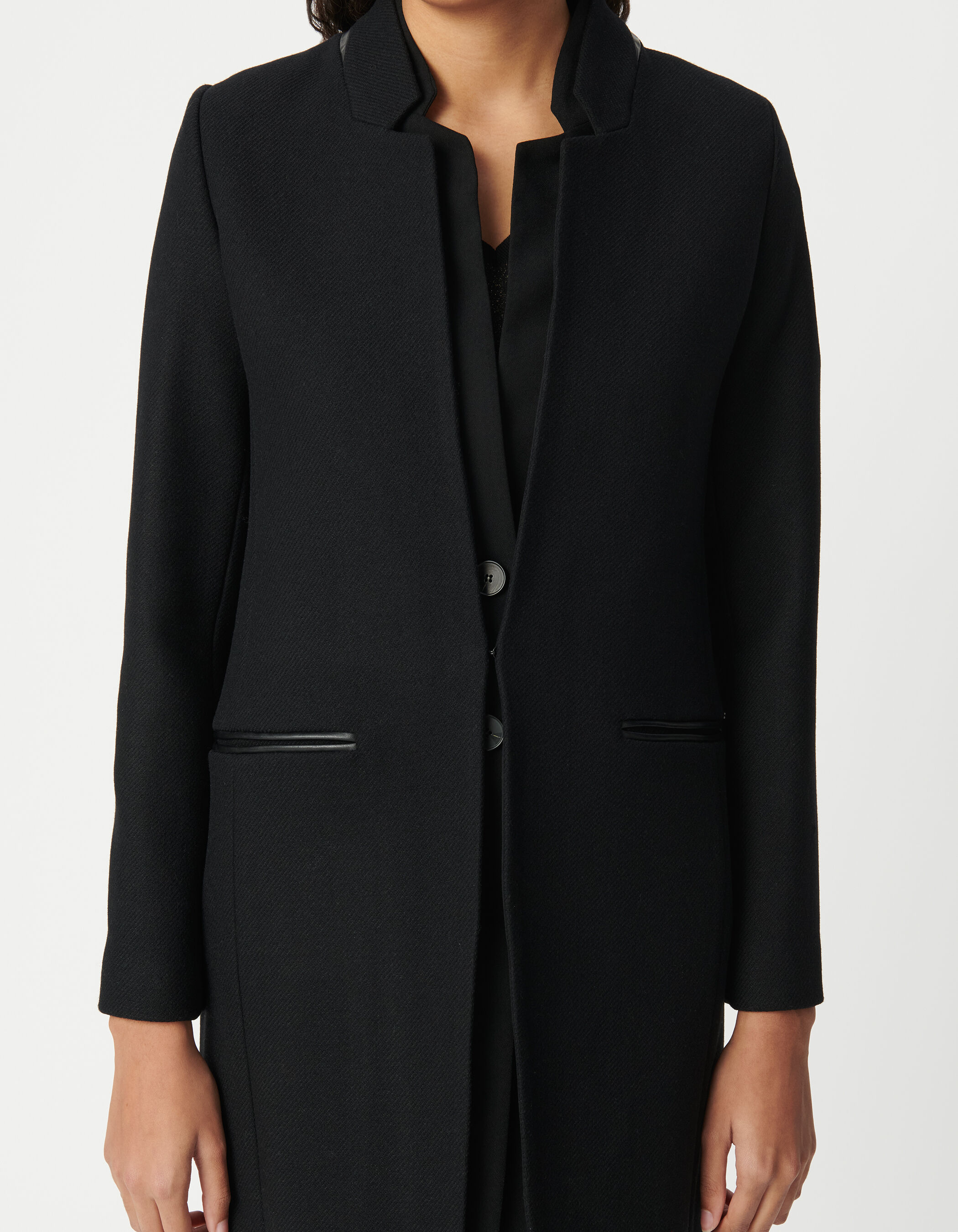 Manteau mi long noir double col enduit femme IKKS