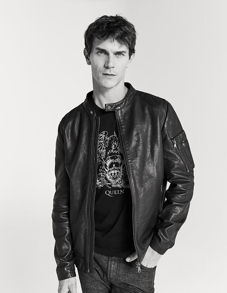Men’s dark brown leather jacket with detachable facing-1