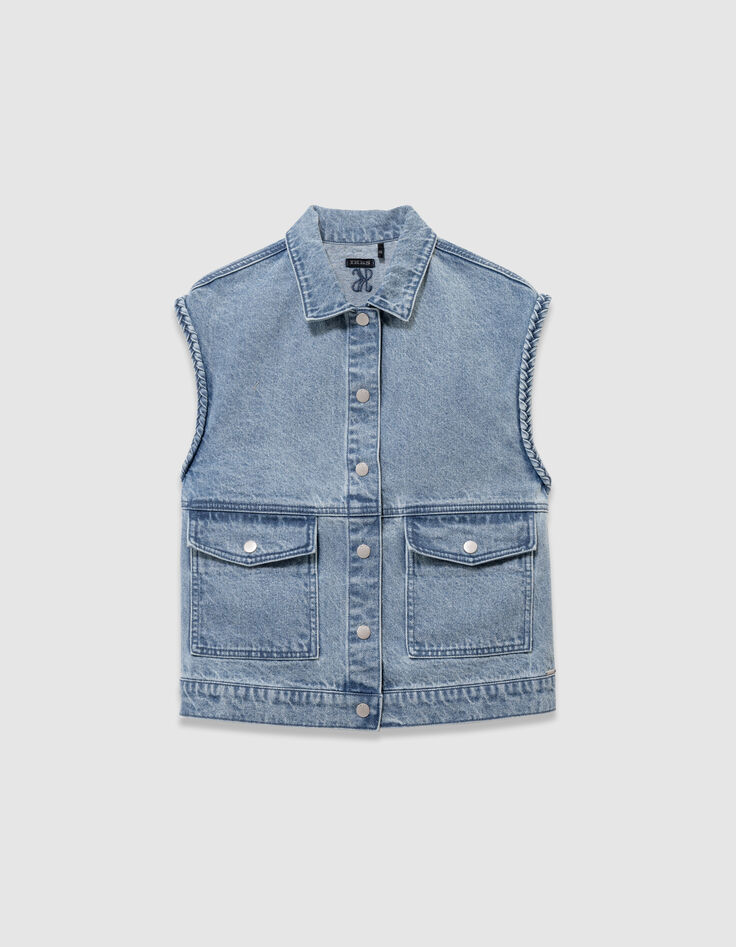 Veste sans manches en jean bleu fille-4 Veste sans manches en jean bleu fille-4