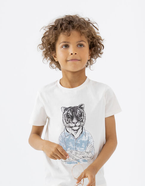 Cremeweißes Jungen-T-Shirt mit tätowiertem Tiger