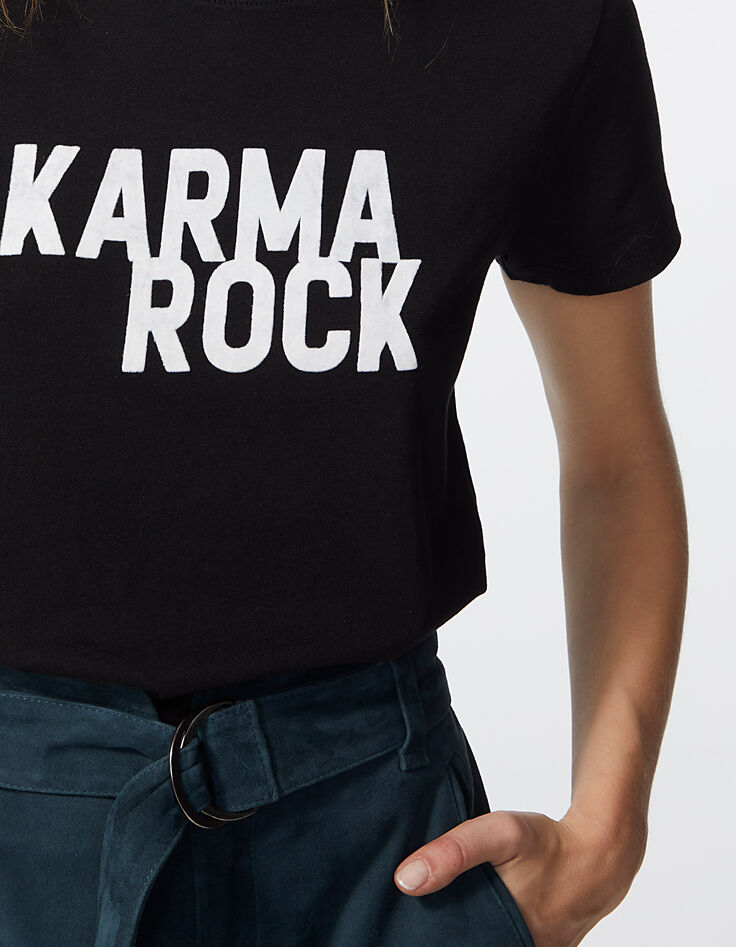 Tee-shirt noir en coton modal visuel Karma Rock femme-4