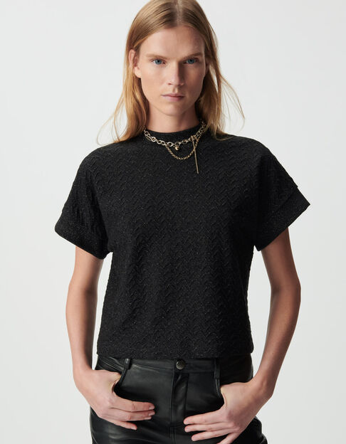 Women’s black lurex openwork knit short-sleeved T-shirt - IKKS