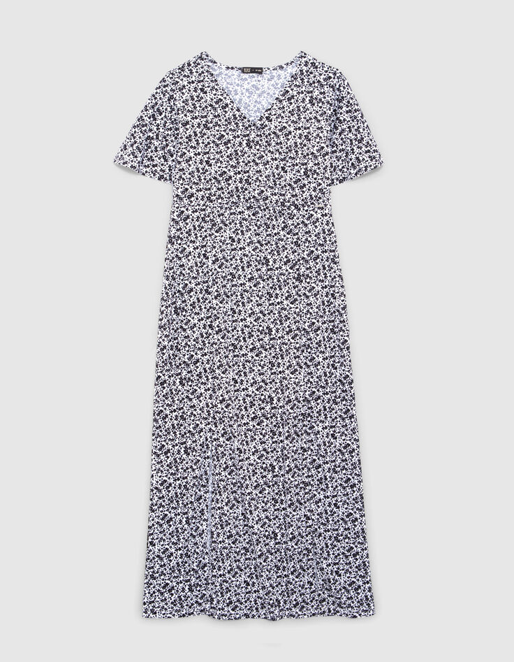 Cremeweißes langes Mädchenkleid mit schwarzem Blumenprint-1
