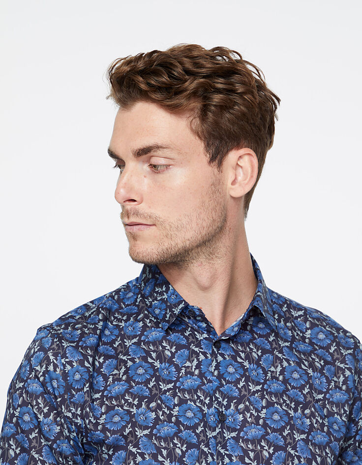 Camisa SLIM azul oscuro tela Liberty con motivo floral Hombre-2