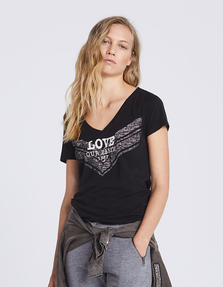 Camiseta cuello pico negra de algod&oacute;n visual espiga mujer-1