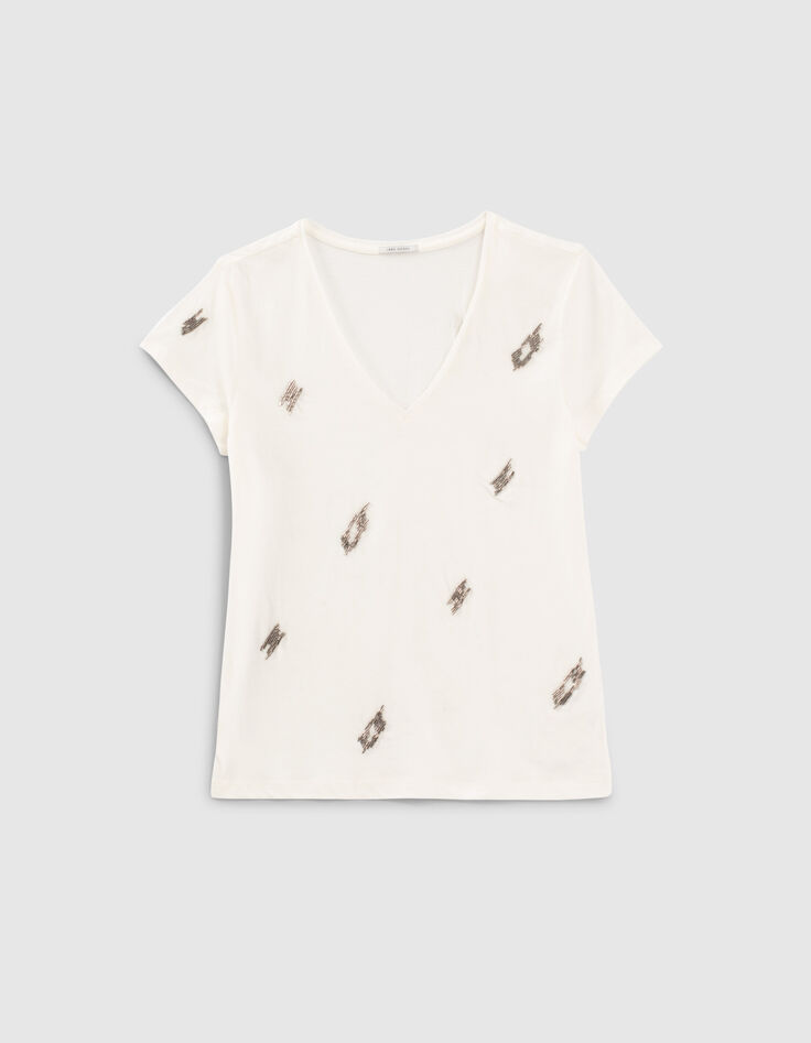 Wit T-shirt katoen-modal bliksems parelborduursels dames-6