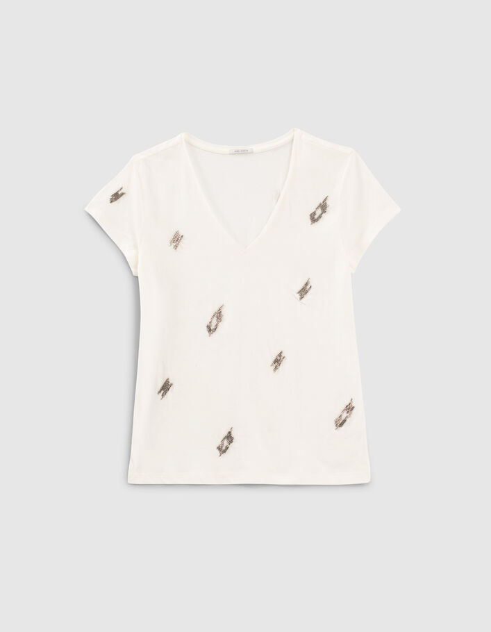 Weißes Damen-T-Shirt mit Blitzstickerei und Perlen - IKKS