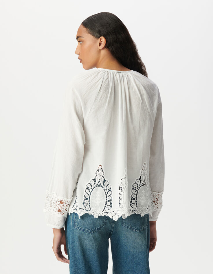 Locker sitzende weiße Bluse mit Spitzenstickerei Damen-3