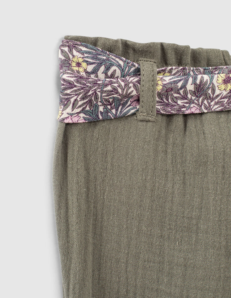 Pantalon kaki à ceinture-foulard végétal bébé fille-6