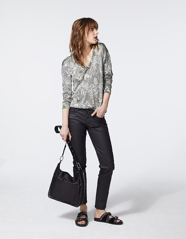 Pull col V imprimé tropical floral métallisé femme-5