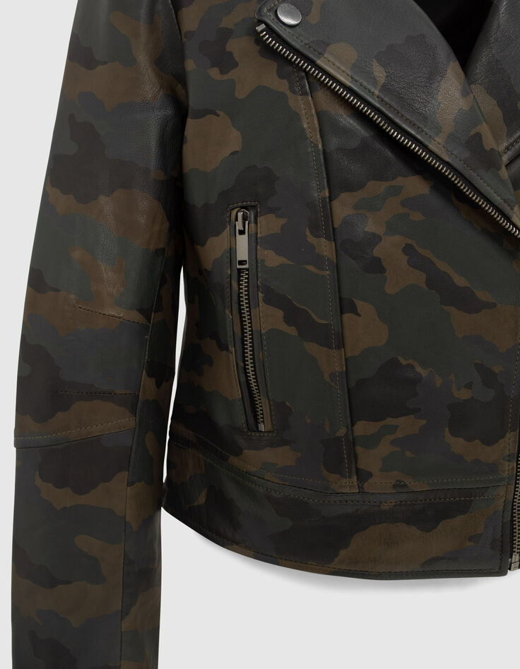 Veste esprit motard cuir kaki motif camouflage Femme-3