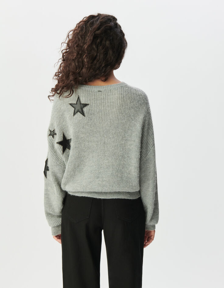 Grauer Damen-Strickpulli Ausschnitte Rock Sterne Perlen-3