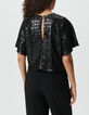 Top noir brod&eacute; sequins manches papillon Femme-3