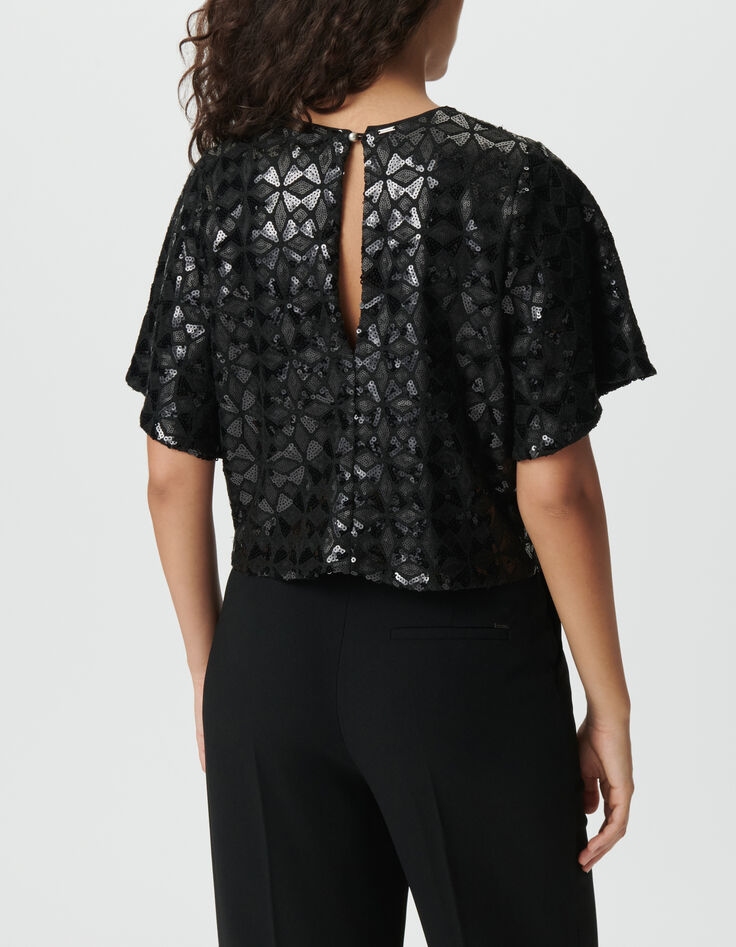 Top noir brod&eacute; sequins manches papillon Femme-3