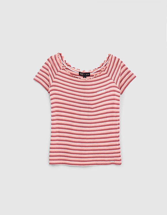Girls’ coral striped ribbed cropped T-shirt