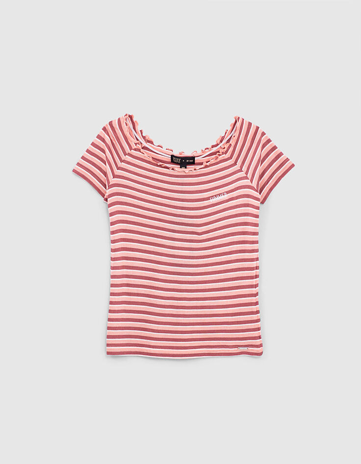 Gestreiftes Mädchen-T-Shirt, Rippenstrick, Korallenrot -1 Gestreiftes Mädchen-T-Shirt, Rippenstrick, Korallenrot -1