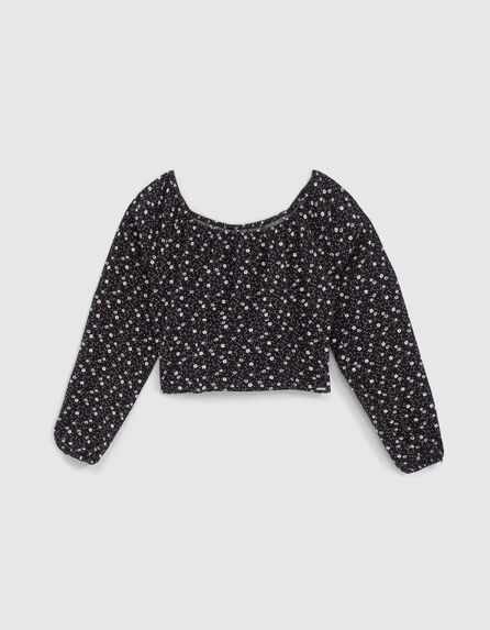 Girls’ black floral print cropped blouse