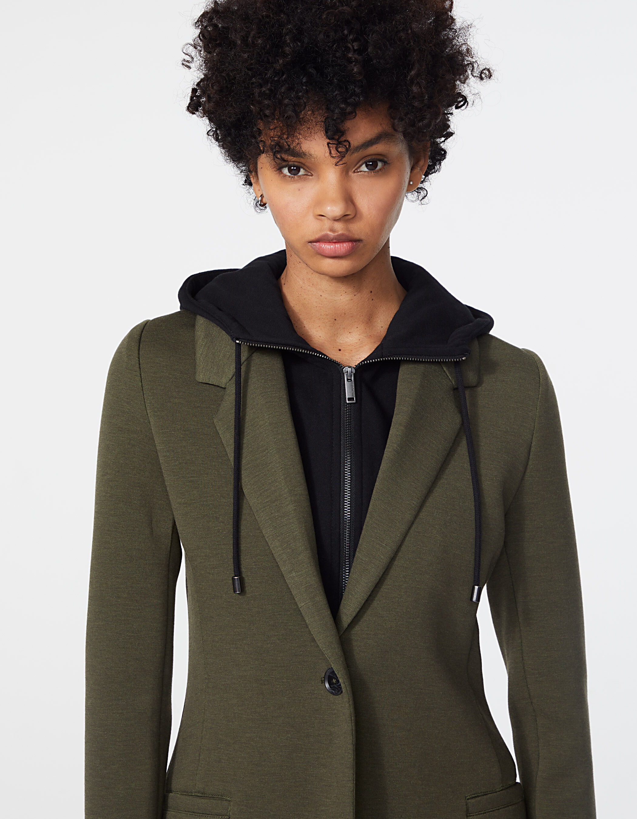 Women s khaki neoprene long coat with removable hood