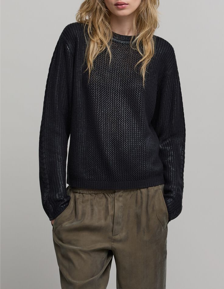Women's black openwork knit sweater-1