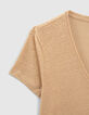 Tee-shirt champagne encolure V maille lin irisée Femme-3