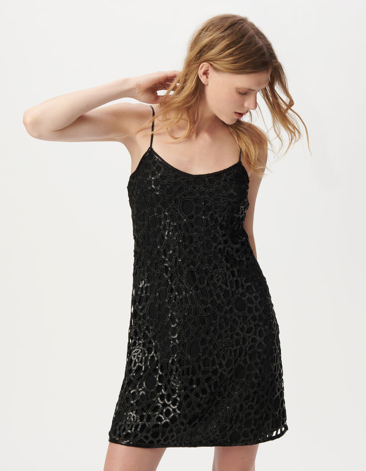 Robe courte noire dentelle brodée sequins Femme-2 Robe courte noire dentelle brodée sequins Femme-2