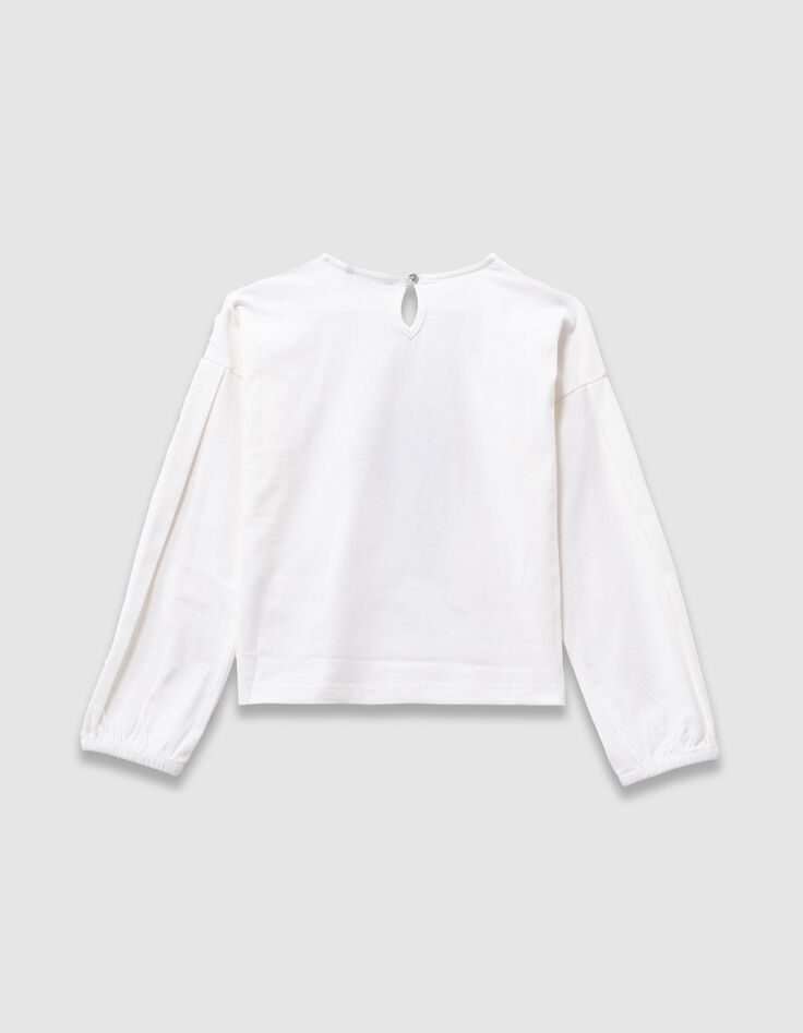 T-shirt écru coton bio lapin col dentelle 3D fille-6