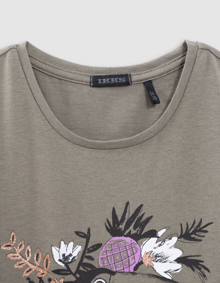 T-shirt kaki coton bio toucan-fleurs fille-2