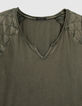 Women's khaki quilted-sleeve T-shirt-2