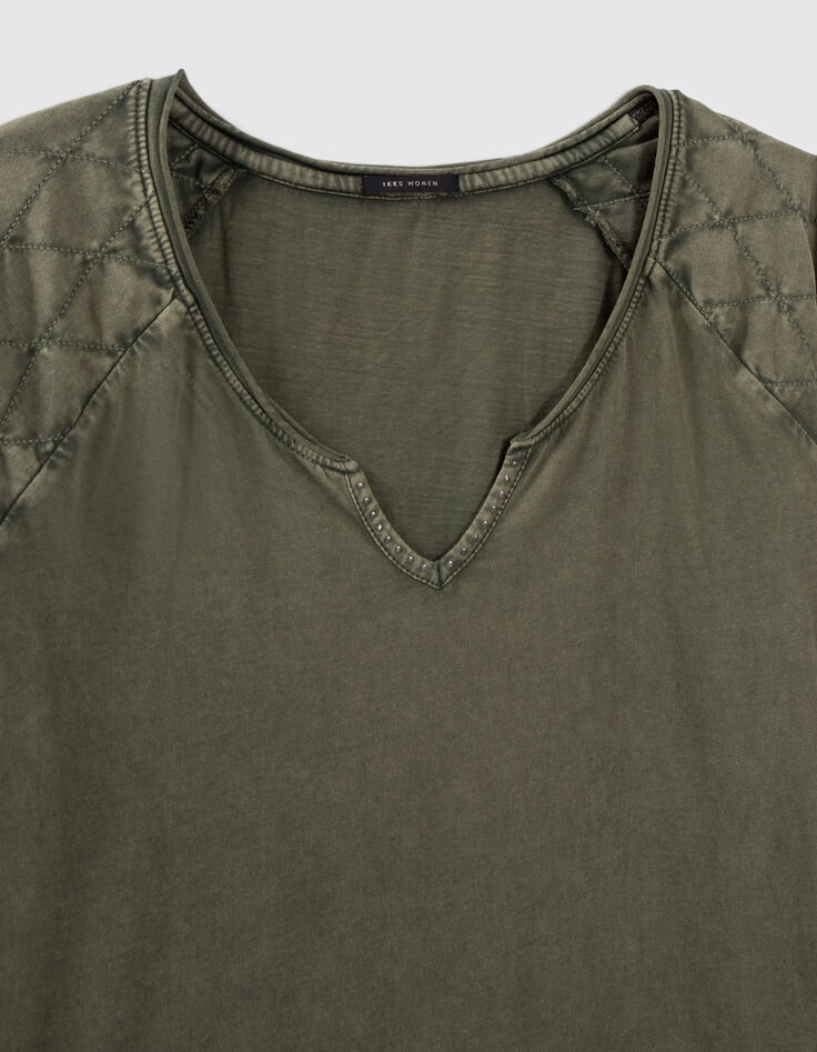 Women's khaki quilted-sleeve T-shirt-2 Women's khaki quilted-sleeve T-shirt-2