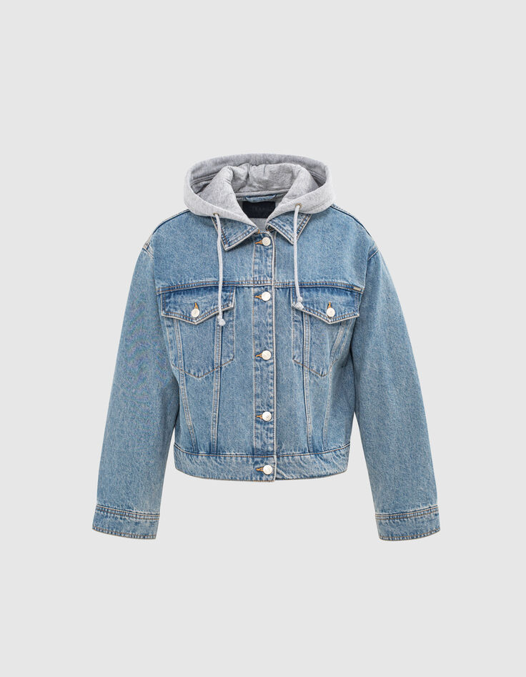 Blouson court en denim loose à capuche femme-2