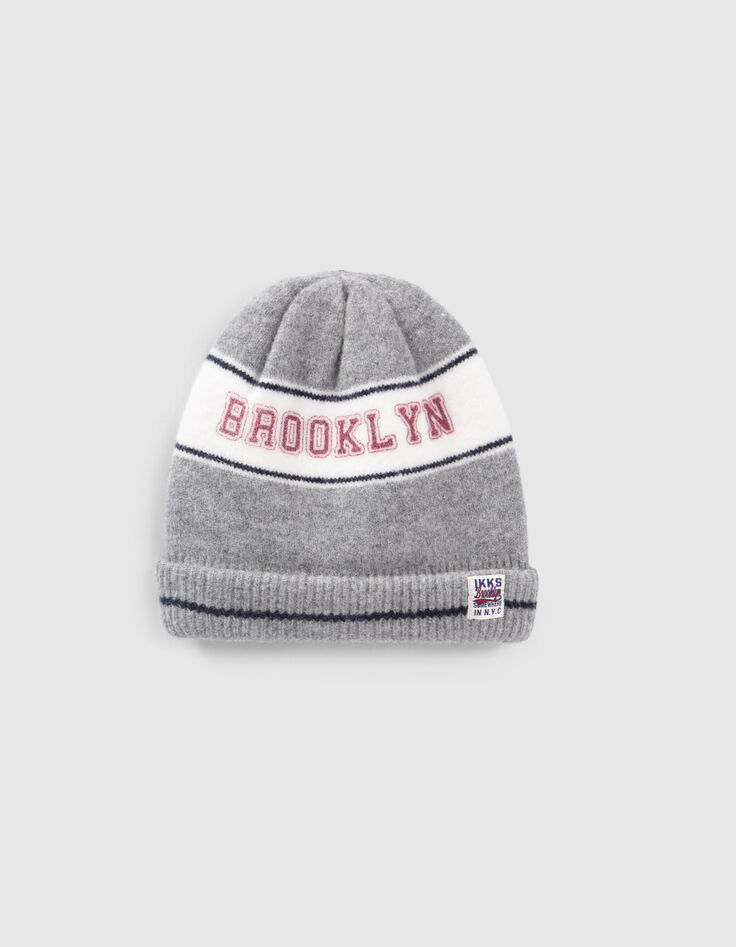 Bonnet gris tricot jacquard message garçon-1