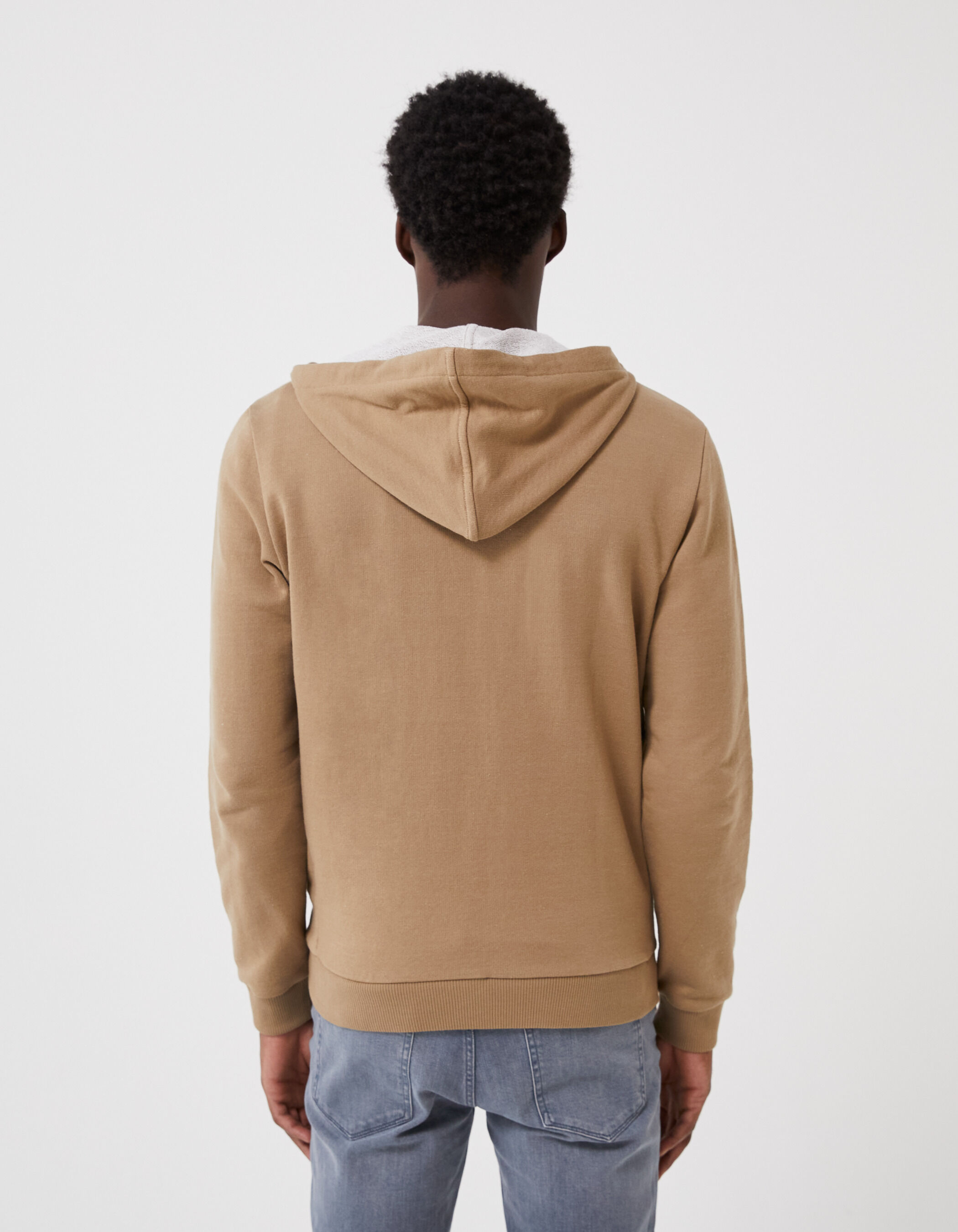 Men s beige sweatshirt fabric hooded cardigan