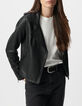 Zwart leren bikerjack met afneembare capuchon Dames-6