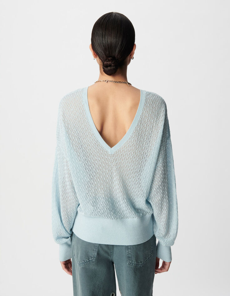 Pull chic bleu tricot fantaisie paillet&eacute; ajour&eacute; Femme-5