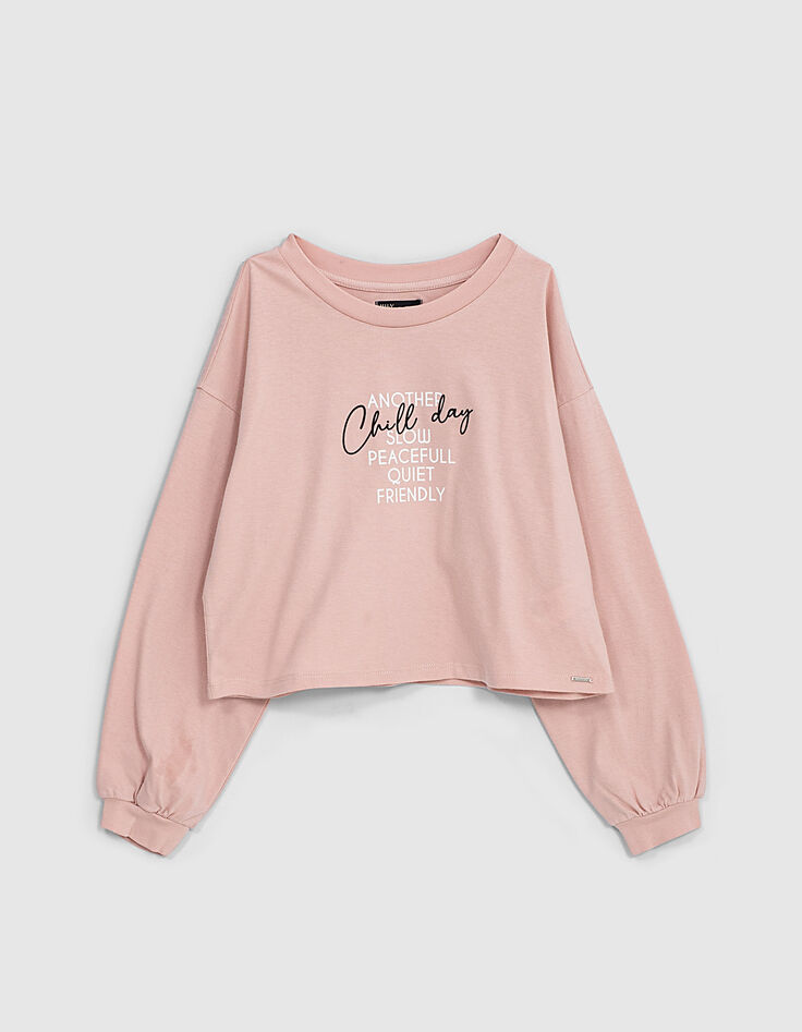 Tee-shirt rose poudr&eacute; &agrave; message fille-1