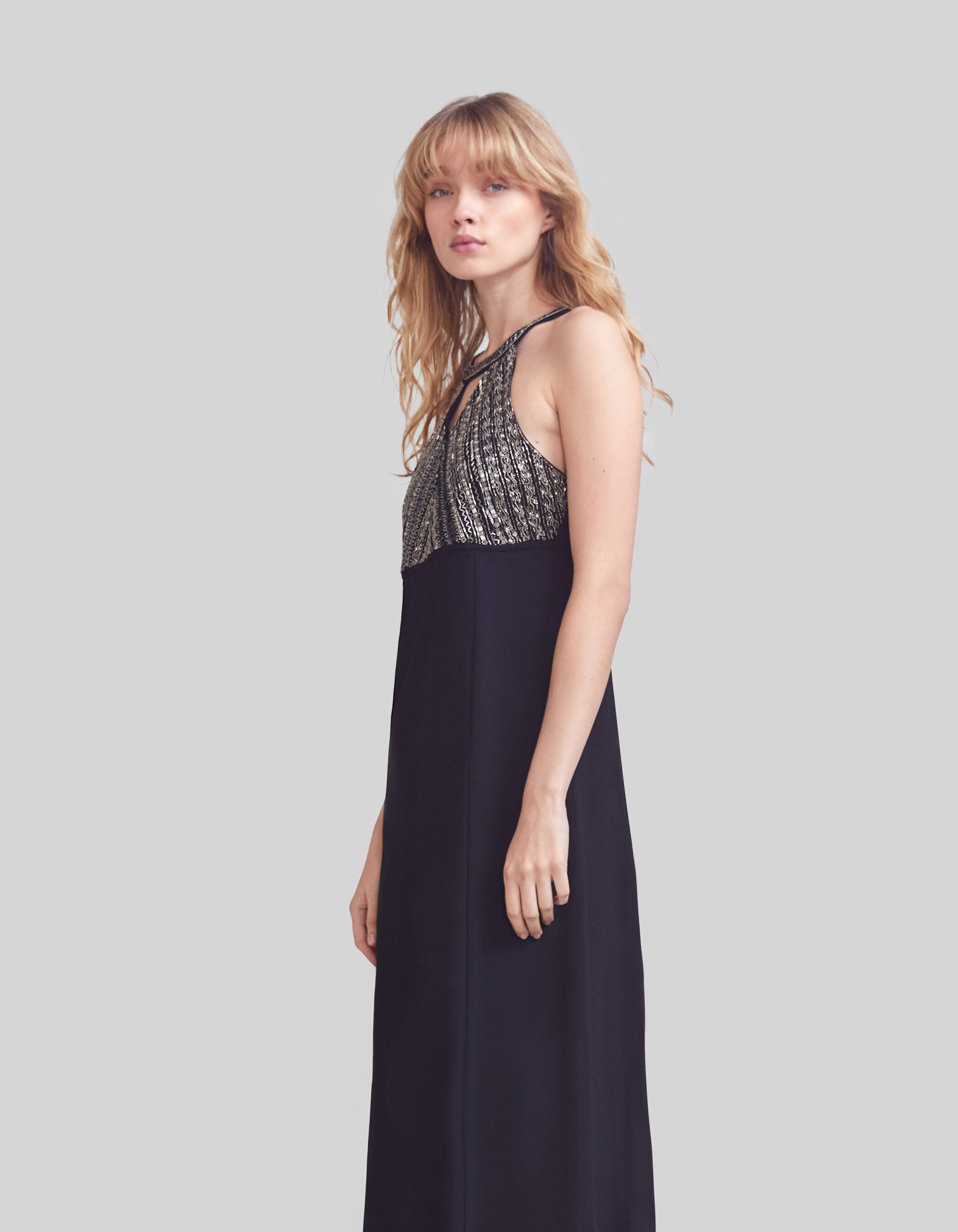Robe longue noire plastron brode perles metallisees Femme IKKS