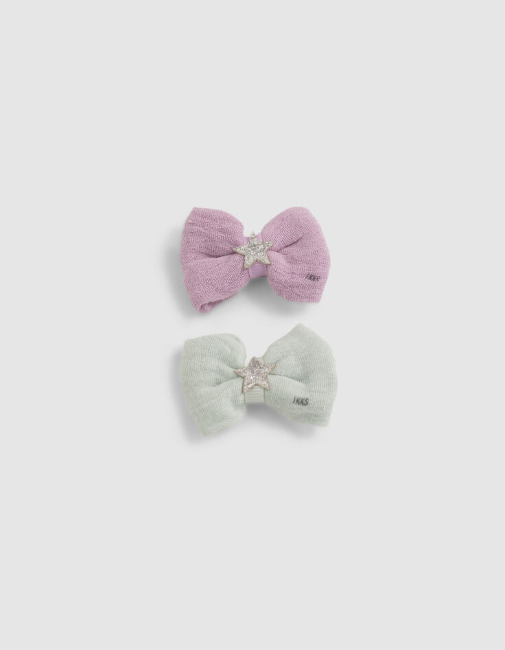 Girls&rsquo; violet and aqua green bow snap hair clips-1